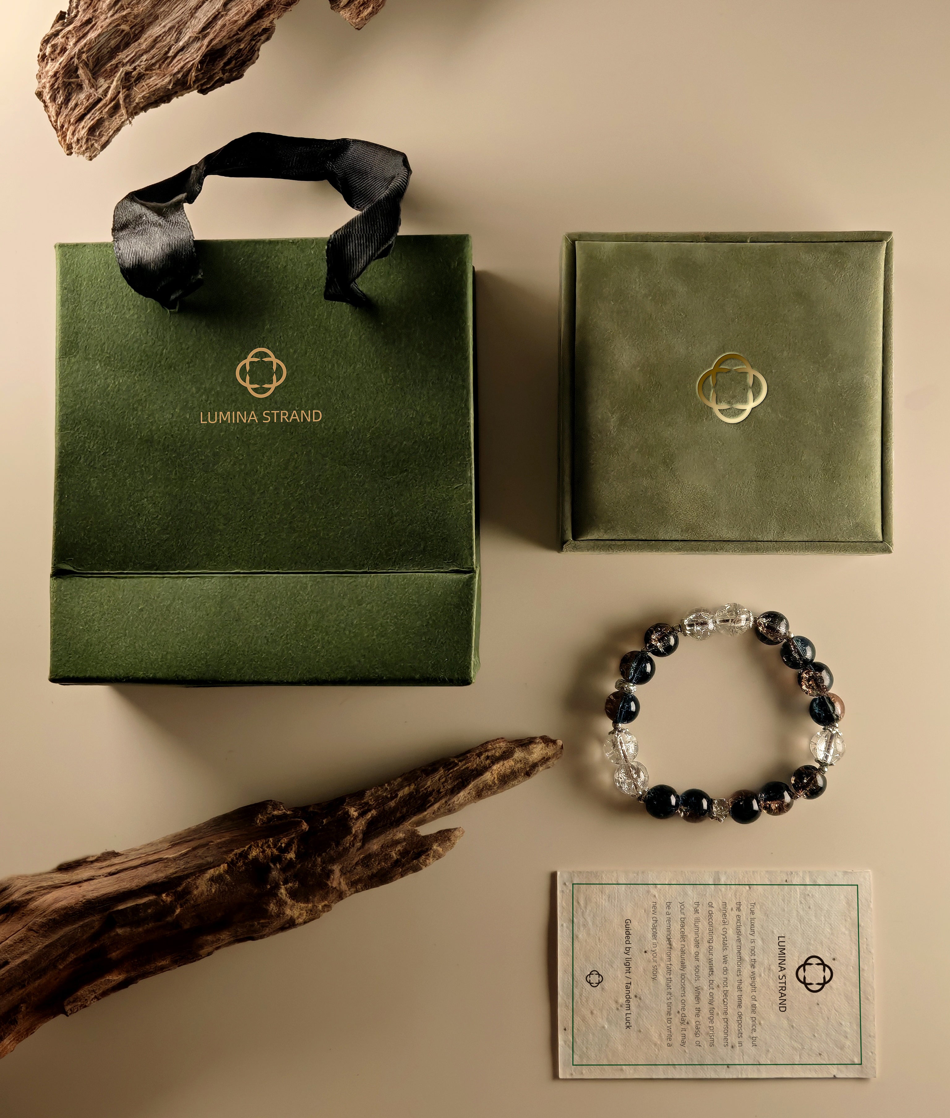 The kraft paper pouch ensures portability, while the velvet-lined box safeguards your bracelet. A plantable card embedded with organic seeds adds interactive sustainability, blending luxury with earth-conscious care.