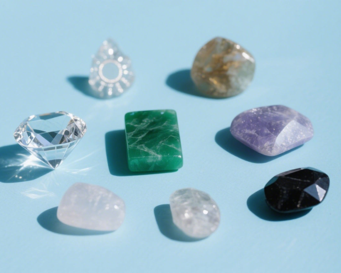 Collection of various gemstones on a light blue background